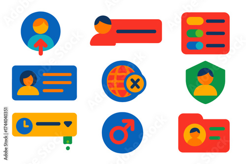 Modern User Profile Icons. Flat vector icons of user profile creation: upload avatar, set username, select preferences, input bio,