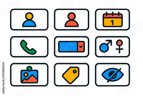 Modern Flat Icons. Flat vector icons of registration fields: name field, surname field, birthdate input, phone number input,