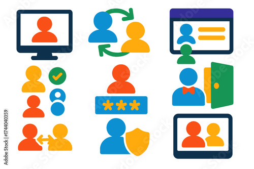 Multi-User Login Icons. Flat vector icons of multi-user login system: user selector, switch account icon, multiple profile login,