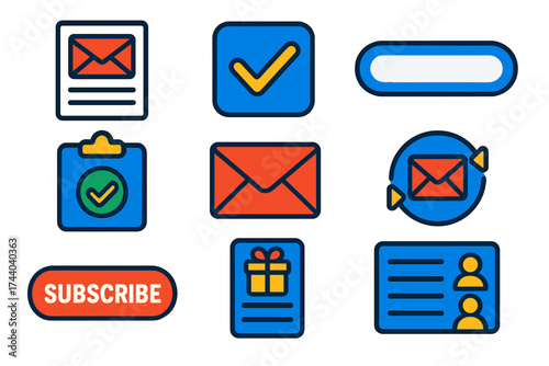 Flat Newsletter Icons. Flat vector icons of newsletter registration: newsletter form, subscribe checkbox, email field input,