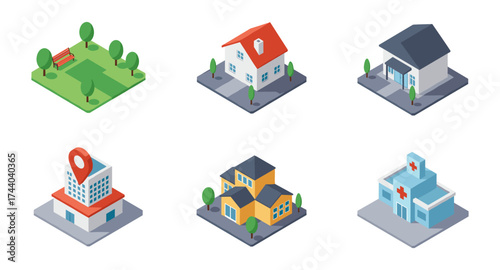 Isometric 3d city elements: houses, park, hospital, and more