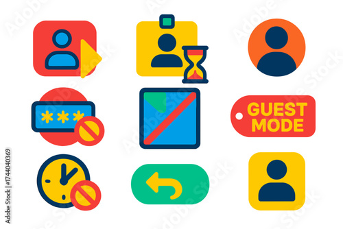 Guest Access Icons. Flat vector icons of guest login experience: login as guest icon, temporary access, anonymous profile icon, no