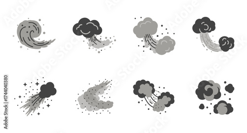 Monochrome weather icons: wind, cloud, and smoke in minimalist style