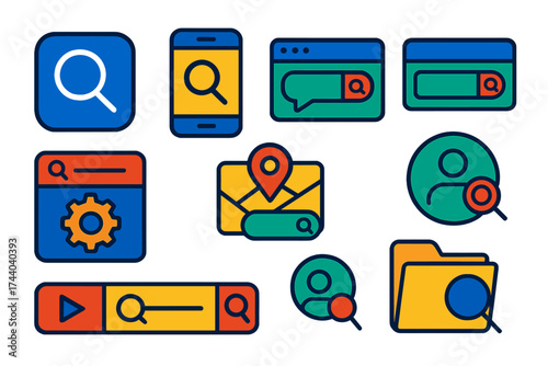 Colorful Search Icons. Flat vector icons of search in apps: in-app search icon, search feature on mobile, chat app search, product
