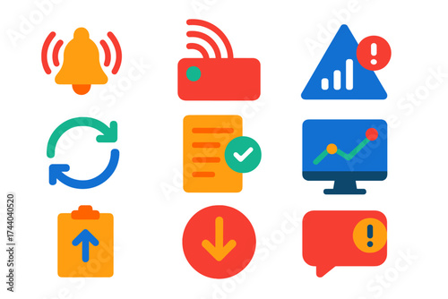 Real-Time Notification Icons. Flat vector icons of real-time notifications: live alert icon, broadcast symbol, live data stream