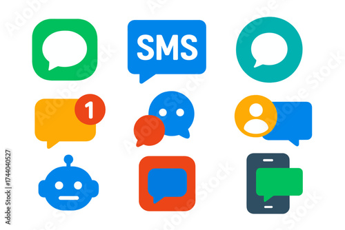 Messaging App Icons. Flat vector icons of messaging apps: chat app icon, SMS platform, instant messaging logo, messaging app