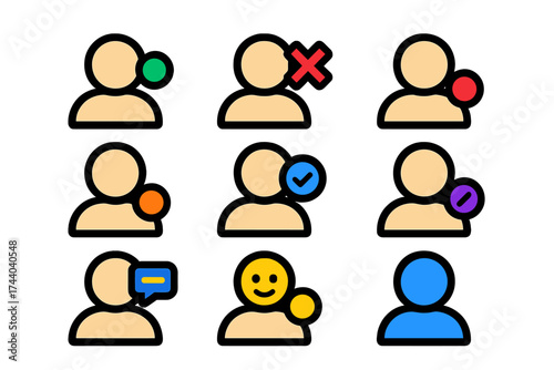 Modern Status Icons. Flat vector icons of user status in profiles: online indicator, offline icon, busy status, away status,