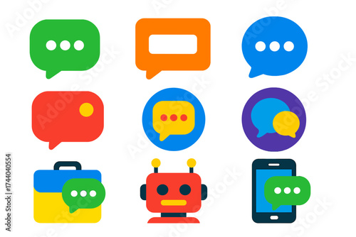 Messaging App Icons. Flat vector icons of messaging apps: chat app icon, SMS platform, instant messaging logo, messaging app