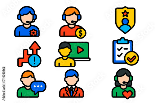 Support Team Icons. Flat vector icons of support team roles: technical agent, sales support rep, supervisor badge, escalation icon