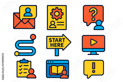 User Onboarding Icons. Flat vector icons of user onboarding support: welcome message icon, setup guide, first-time help, user