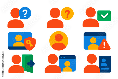 Modern Login Icons. Flat vector icons of account and login FAQ: forgot password icon, create account question, email confirmation