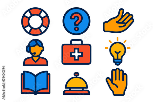 Vibrant Help Icons. Flat vector icons of help concepts: lifebuoy icon, question mark in circle, hand offering help, support agent
