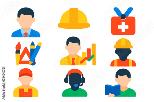 Flat Role Icons. Flat vector icons of employee roles: office worker icon, engineer helmet, medical staff badge, creative designer