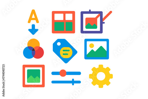 Modern Gallery Icons. Flat vector icons of gallery customization tools: sort by name icon, gallery layout switch, crop and arrange