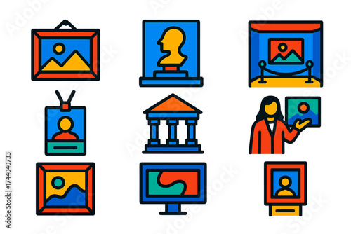 Modern Art Gallery Icons. Flat vector icons of art gallery concepts: painting on wall icon, sculpture showcase, exhibition hall