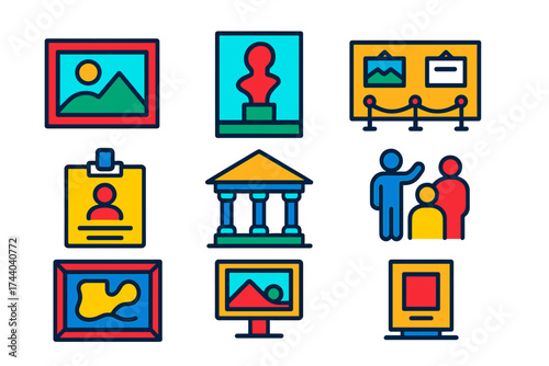 Modern Art Gallery Icons. Flat vector icons of art gallery concepts: painting on wall icon, sculpture showcase, exhibition hall