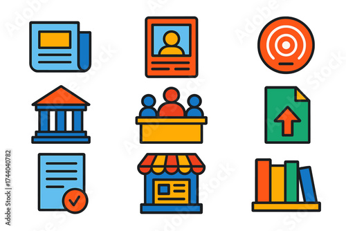 Modern Media Icons. Flat vector icons of media outlets and publications: printed newspaper icon, online magazine cover, media