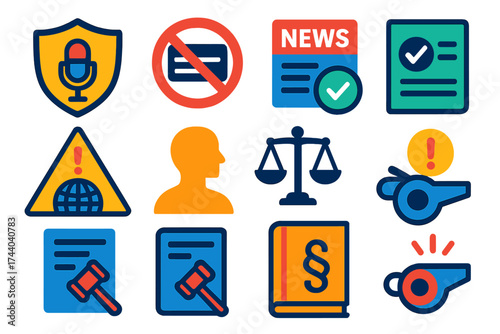 Press Freedom Icons. Flat vector icons of press freedom and ethics: free press shield, censorship ban icon, verified news badge,