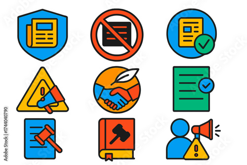 Press Freedom Icons. Flat vector icons of press freedom and ethics: free press shield, censorship ban icon, verified news badge,