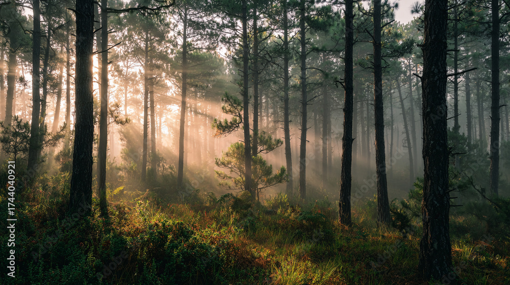 Fototapeta premium Sunlight streaming through trees in a forest with dense ground vegetation and misty atmosphere creating depth