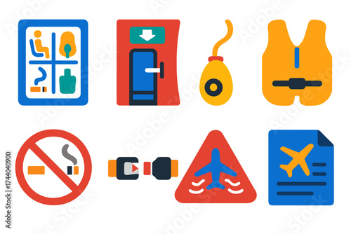 Aviation Safety Icons. Flat vector icons of aviation safety and regulations: safety instructions card, emergency exit door, oxygen