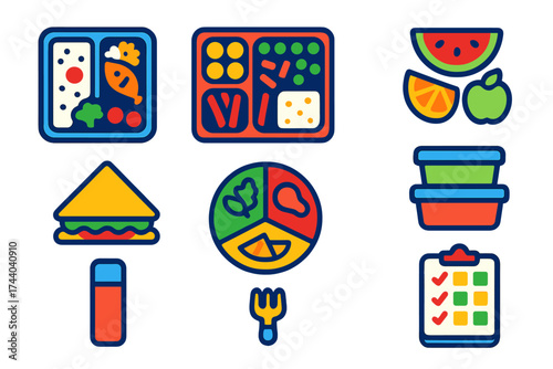 Vibrant Lunchbox Icons. Flat vector icons of lunchbox recipes: bento box, snack portions, fruit slices, sandwich triangle,