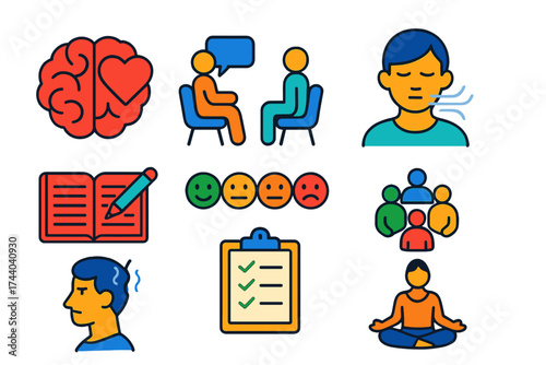 Mental Health Icons. Flat vector icons of mental health: brain with heart, therapy session, mindful breathing, journal writing,