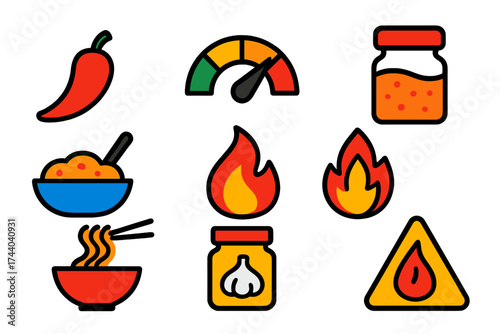 Spicy Recipe Icons. Flat vector icons of spicy recipes: hot pepper icon, spice level meter, chili powder jar, curry dish, flame
