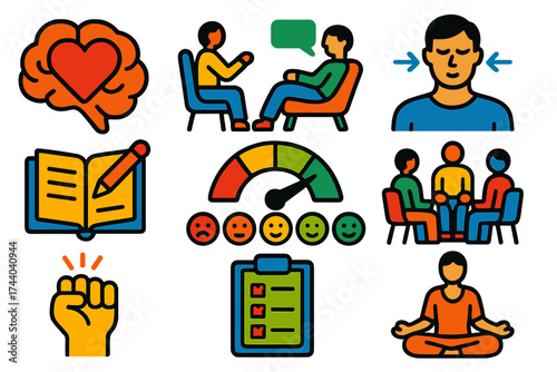 Mental Health Icons. Flat vector icons of mental health: brain with heart, therapy session, mindful breathing, journal writing,