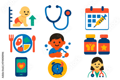 Child Health Icons. Flat vector icons of child health: baby growth chart, pediatric stethoscope, vaccination calendar, kids