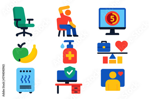 Workplace Health Icons. Flat vector icons of workplace health: ergonomic chair, office stretching, screen break timer, healthy