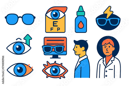Eye Health Icons. Flat vector icons of eye health: eyeglasses, eye test chart, eye drops, vision improvement, screen filter