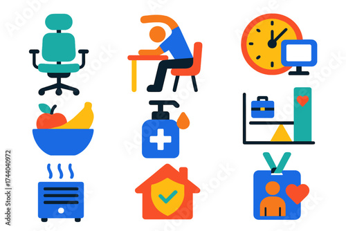 Workplace Health Icons. Flat vector icons of workplace health: ergonomic chair, office stretching, screen break timer, healthy