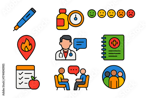 Chronic Care Icons. Flat vector icons of chronic illness care: insulin pen, medication timer, pain scale, flare-up tracker, doctor