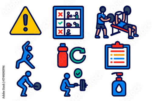 Gym Safety Icons. Flat vector icons of gym safety: warning signs, proper form chart, spotter support, stretching reminder, water
