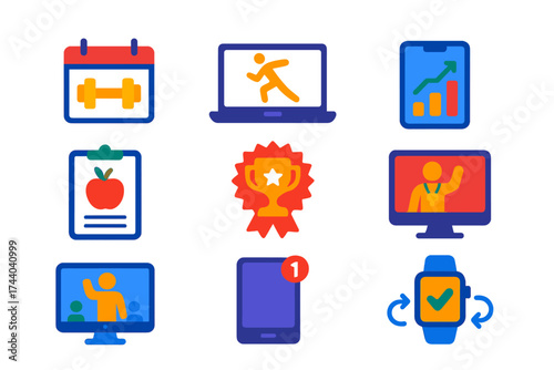 Vibrant Fitness Icons. Flat vector icons of fitness apps: workout calendar, exercise video, mobile progress chart, meal log, daily