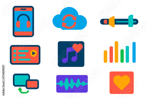 Vibrant Music Icons Set. Flat vector icons of music streaming: headphones on phone, cloud sync symbol, volume slider, online