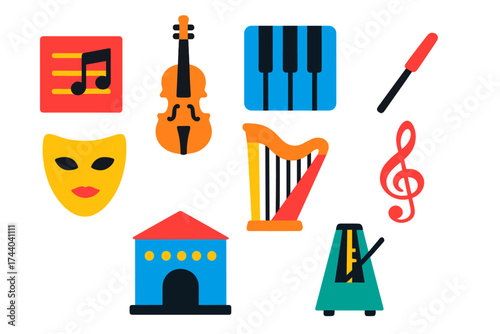 Classical Music Icons. Flat vector icons of classical music: sheet music, violin, piano keys, conductor baton, opera mask, harp,