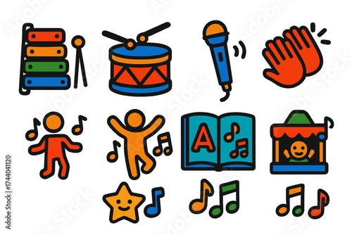 Children's Music Icons. Flat vector icons of children’s music: xylophone, toy drum, sing-along mic, rhythm claps, dancing kid icon