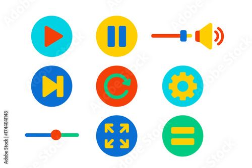 Modern Video Player Icons. Flat vector icons of video player controls: play button, pause icon, volume slider, fullscreen toggle,