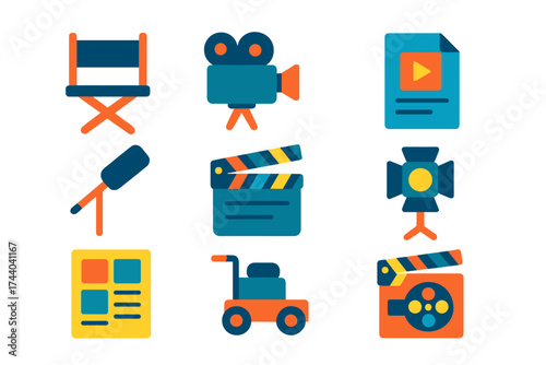 Movie Production Icons. Flat vector icons of movie production: director chair, film camera, script page, boom microphone,