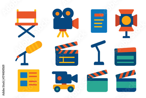 Movie Production Icons. Flat vector icons of movie production: director chair, film camera, script page, boom microphone,