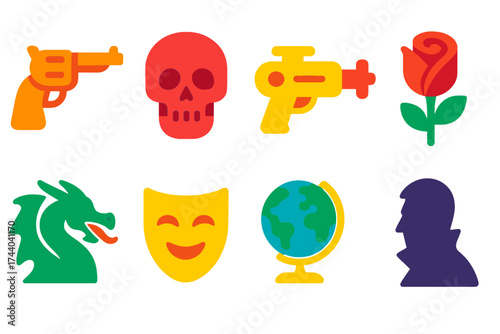 Vibrant Genre Icons. Flat vector icons of movie genres symbols: western revolver, horror skull, sci-fi laser gun, romance rose,
