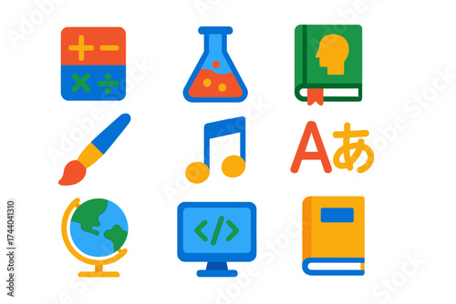 Colorful Study Icons. Flat vector icons of study subjects: math symbols, science flask, history book, art brush, music note,