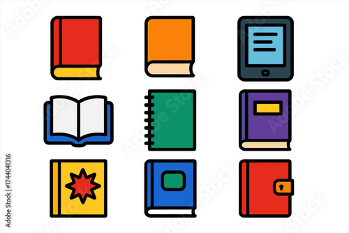 Vibrant Book Icons. Flat vector icons of book types: hardcover book, paperback, e-book reader, open book, spiral notebook,