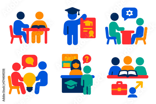 Education Support Icons. Flat vector icons of education support: tutoring session, scholarship award, mentoring, counseling,