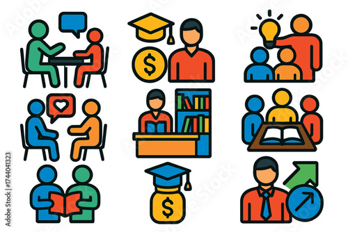 Education Support Icons. Flat vector icons of education support: tutoring session, scholarship award, mentoring, counseling,