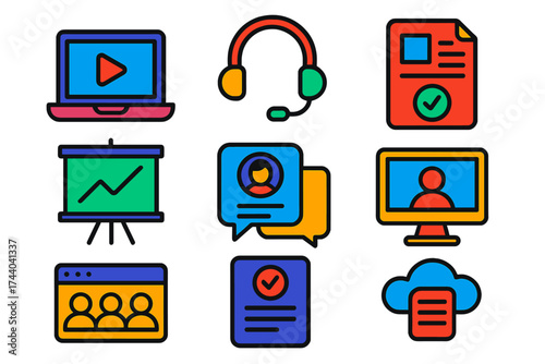 Colorful E-Learning Icons. Flat vector icons of distance learning: laptop with video, headset mic, online assignment, virtual