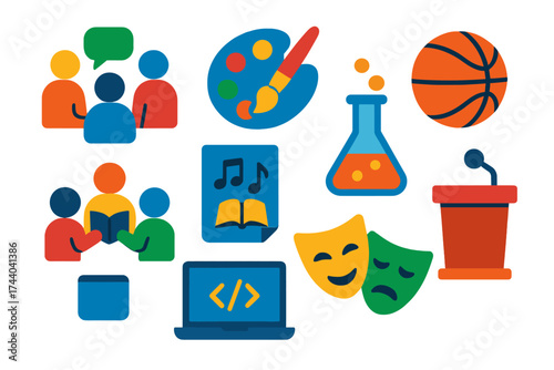 Vibrant Student Activity Icons. Flat vector icons of student activities: group discussion, art class palette, science experiment