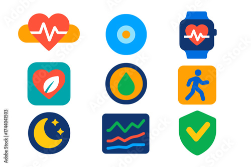 Wearable Health Tech Icons. Flat vector icons of wearable health tech: heart monitor patch, medical sensor, smartwatch ECG, health